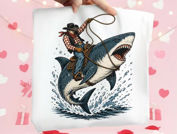 Cowboy Riding Shark PNG: Wild Western Humor for Bold Designs