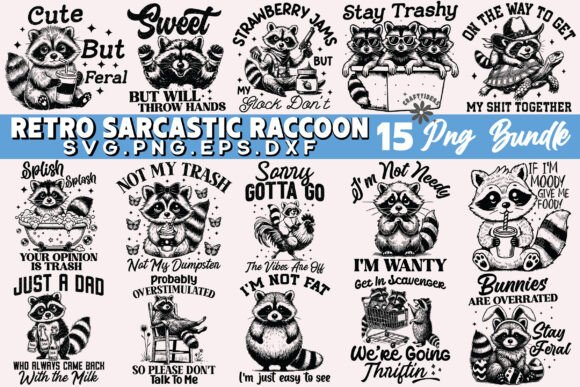 Retro Sarcastic Raccoon Png Bundle Funny: Snarky Designs for Real Creators
